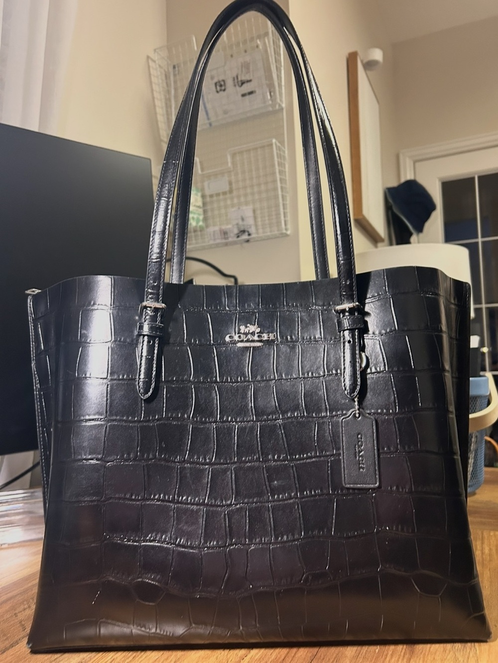 COACH Mollie Tote Bag- Black Croc-Embossed Leather - Picture 5 of 13